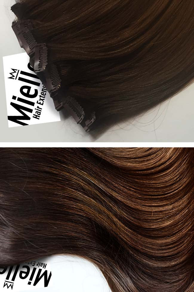 Dark Golden Brown Balayage 8 Piece Clip Ins - Wavy Hair