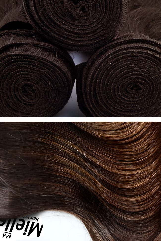 Dark Golden Brown Balayage Machine Tied Wefts - Straight Hair
